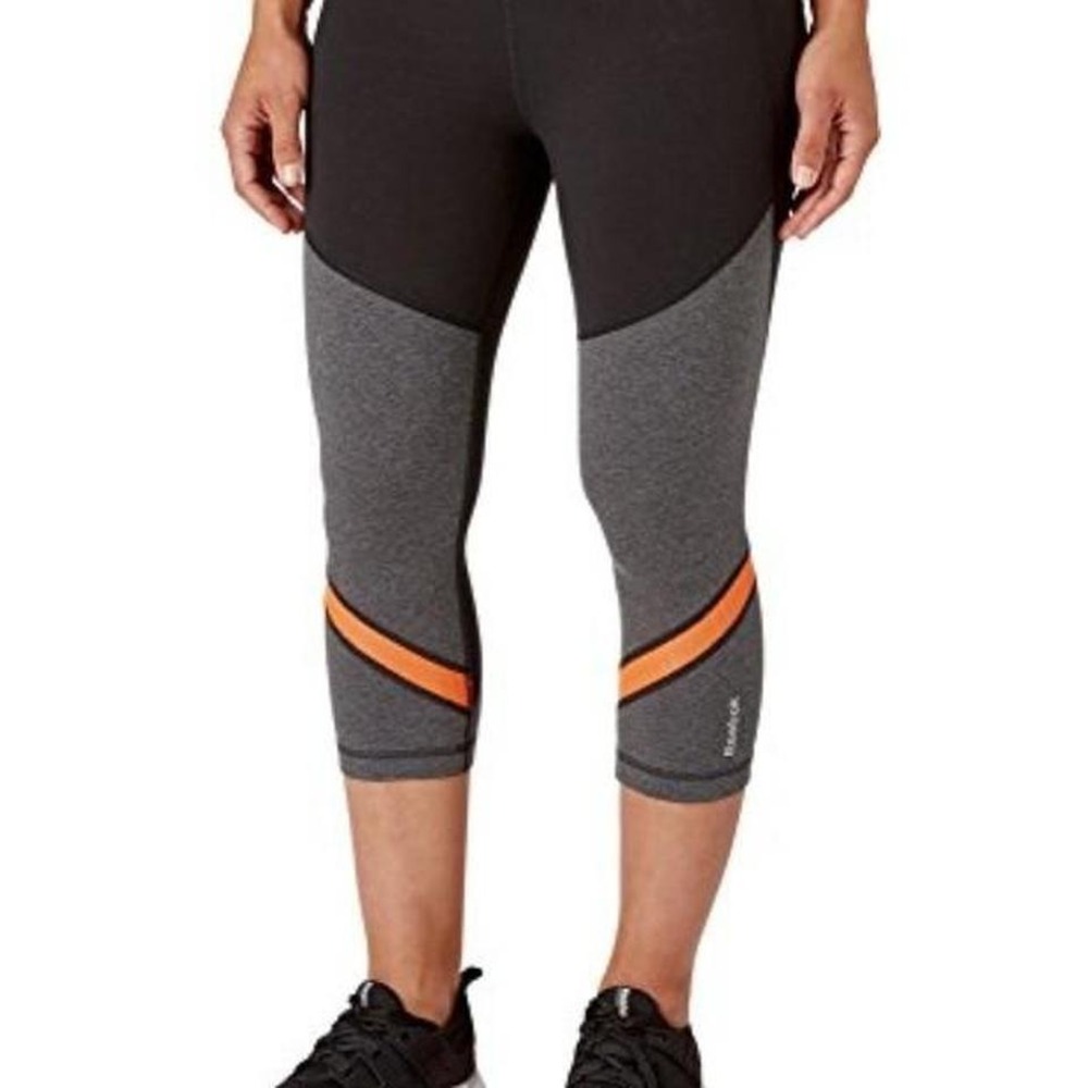 Reebok black and‎ grey capri leggings with orange accents Small